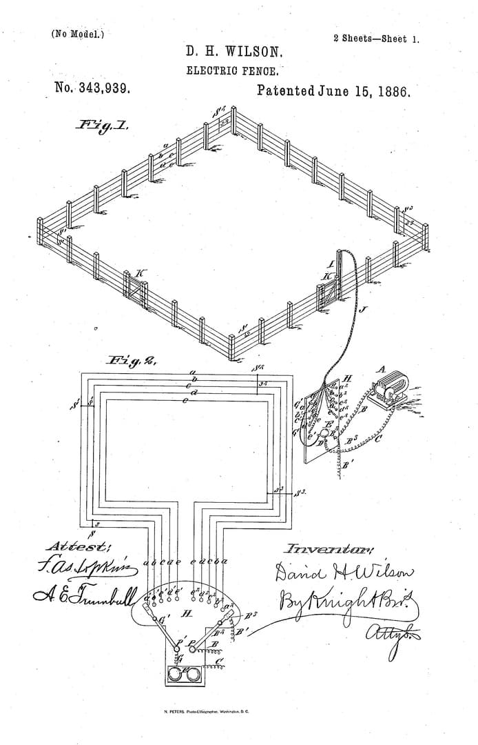 Patente de EE.UU. 343939, Cerca eléctrica, D.H. Wilson, 1886.