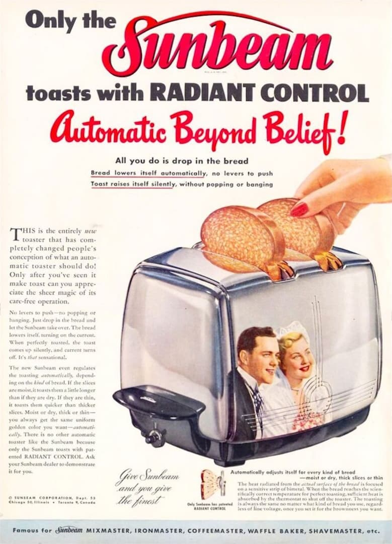 Anuncio de la tostadora Sunbeam Deluxe Automatic Radiant Control, alrededor de 1950.