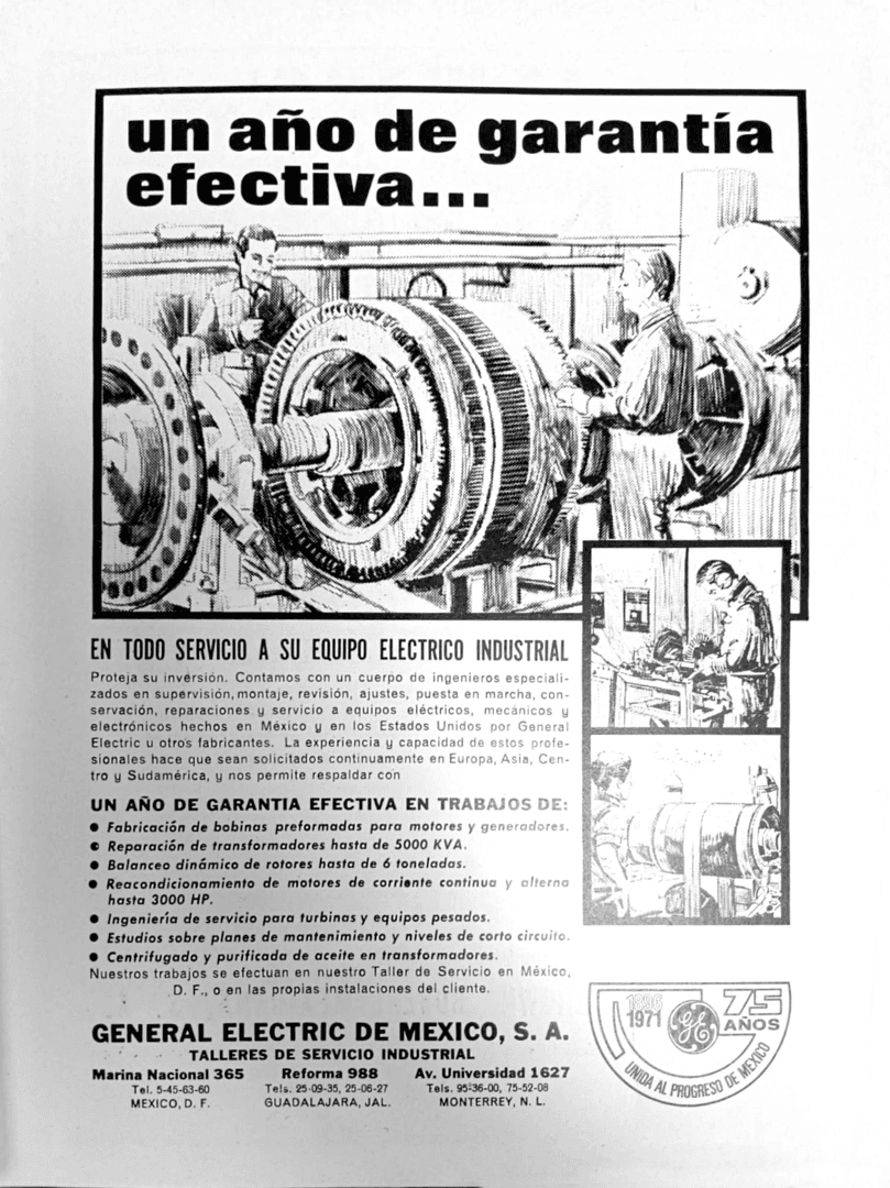 Anuncio de General Electric de México, S. A. en la revista Electricidad de México publicada por la CFE.